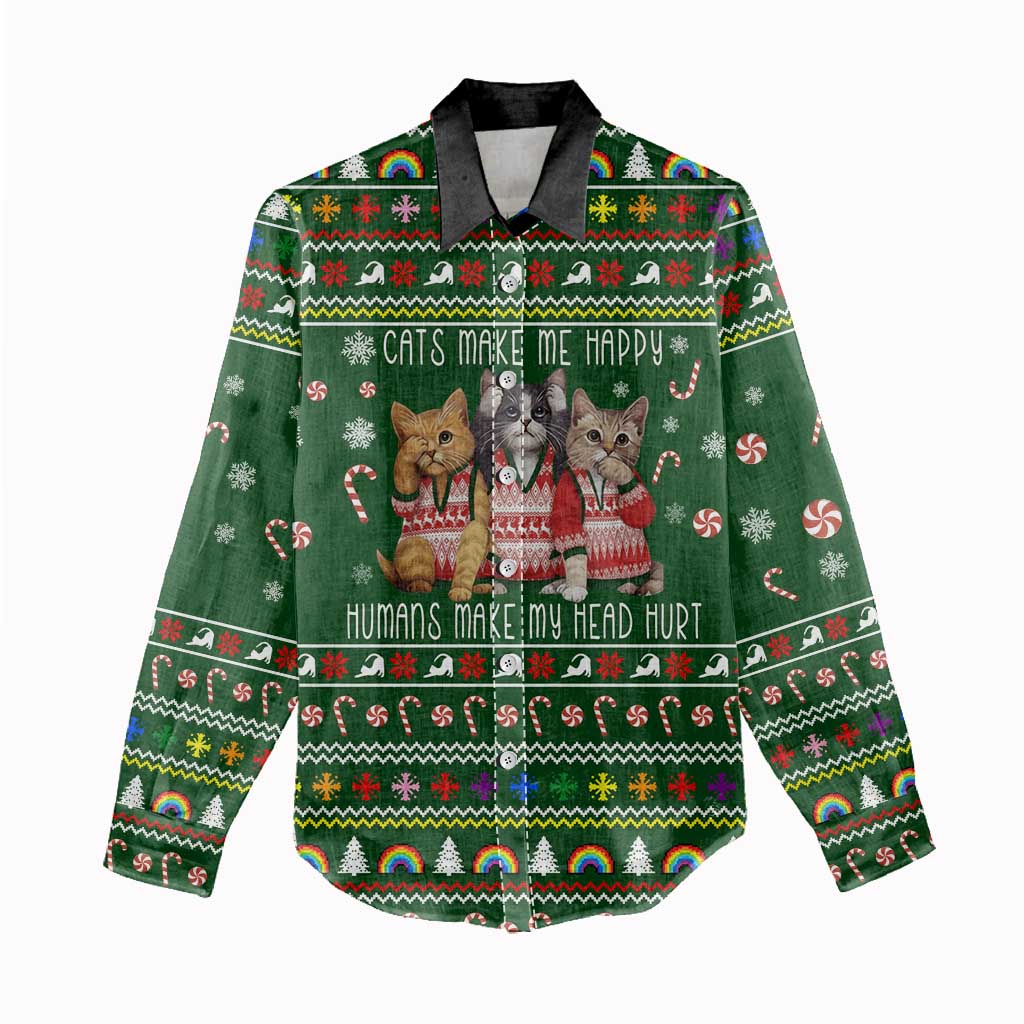 Funny Cats Make Me Happy Humans Make My Head Hurt Quote Women Casual Shirt with Green Christmas Pattern - Wonder Print Shop