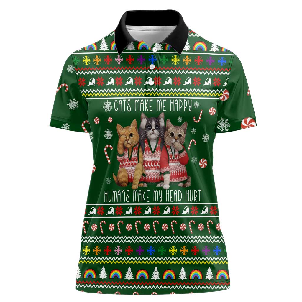 Funny Cats Make Me Happy Humans Make My Head Hurt Quote Women Polo Shirt with Green Christmas Pattern - Wonder Print Shop
