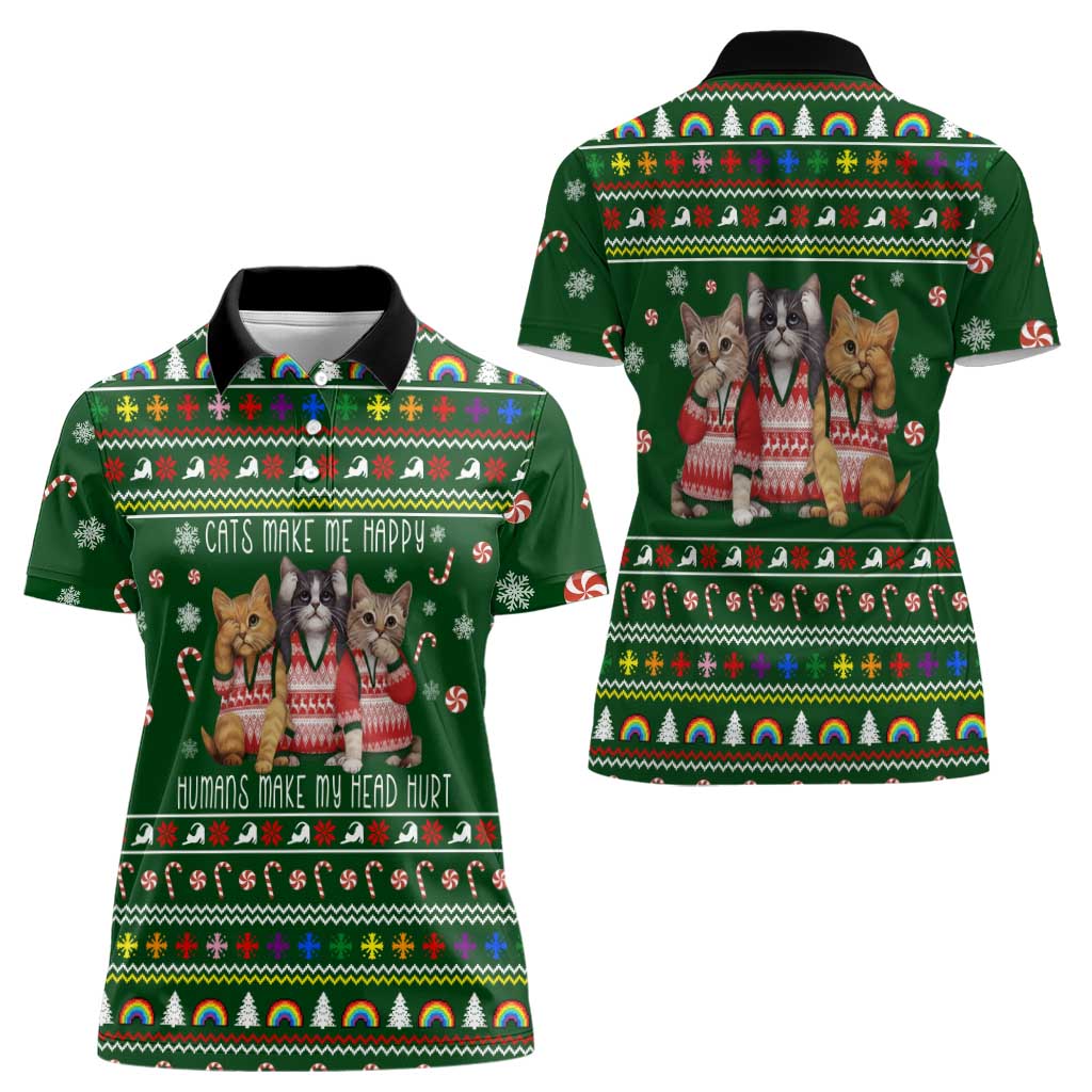Funny Cats Make Me Happy Humans Make My Head Hurt Quote Women Polo Shirt with Green Christmas Pattern - Wonder Print Shop