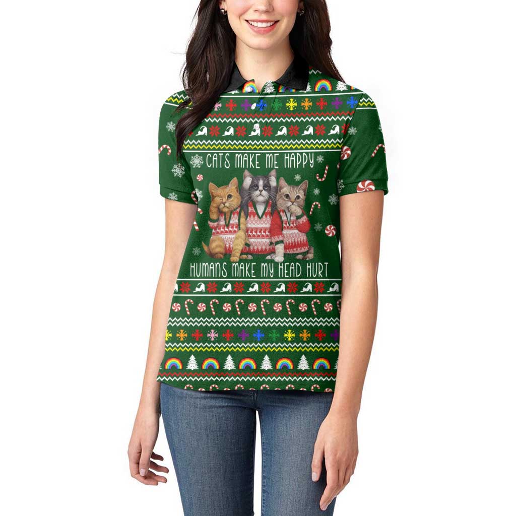 Funny Cats Make Me Happy Humans Make My Head Hurt Quote Women Polo Shirt with Green Christmas Pattern - Wonder Print Shop