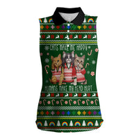 Funny Cats Make Me Happy Humans Make My Head Hurt Quote Women Sleeveless Polo Shirt with Green Christmas Pattern - Wonder Print Shop