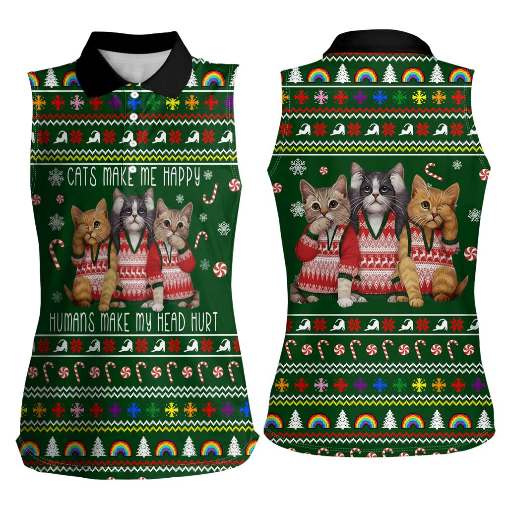 Funny Cats Make Me Happy Humans Make My Head Hurt Quote Women Sleeveless Polo Shirt with Green Christmas Pattern - Wonder Print Shop