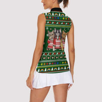 Funny Cats Make Me Happy Humans Make My Head Hurt Quote Women Sleeveless Polo Shirt with Green Christmas Pattern - Wonder Print Shop