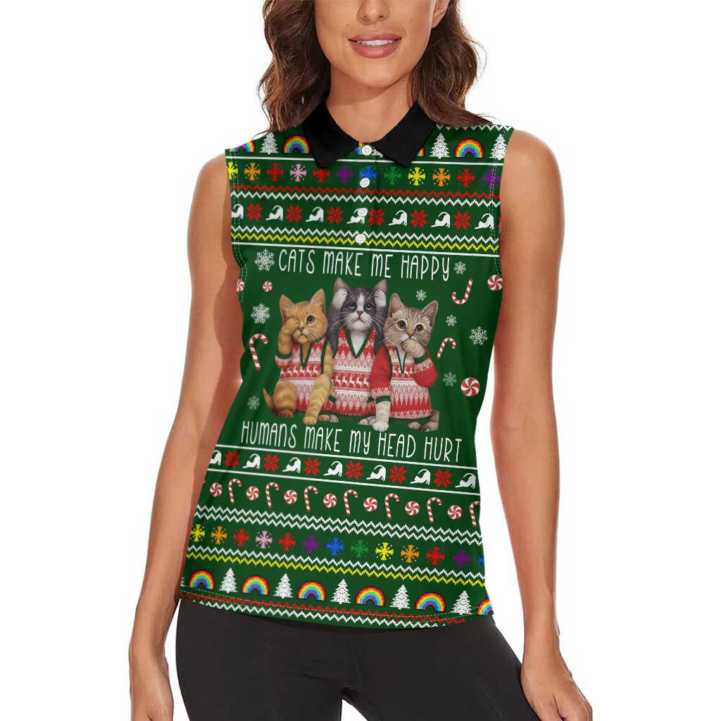 Funny Cats Make Me Happy Humans Make My Head Hurt Quote Women Sleeveless Polo Shirt with Green Christmas Pattern - Wonder Print Shop
