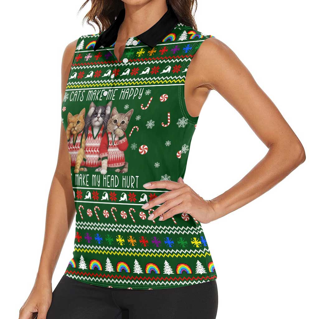 Funny Cats Make Me Happy Humans Make My Head Hurt Quote Women Sleeveless Polo Shirt with Green Christmas Pattern - Wonder Print Shop