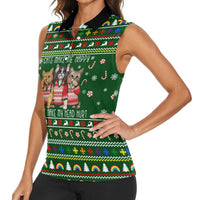 Funny Cats Make Me Happy Humans Make My Head Hurt Quote Women Sleeveless Polo Shirt with Green Christmas Pattern - Wonder Print Shop