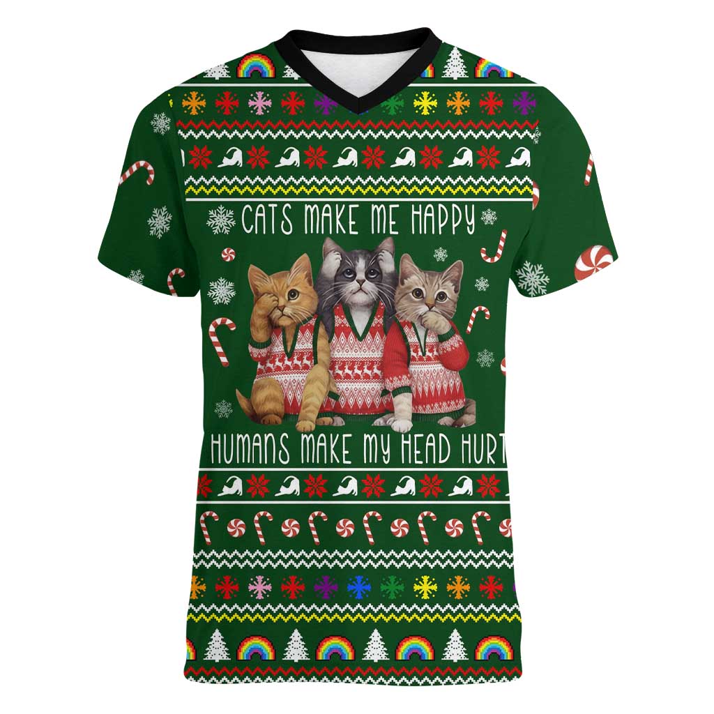 Funny Cats Make Me Happy Humans Make My Head Hurt Quote Women V-Neck T-Shirt with Green Christmas Pattern - Wonder Print Shop