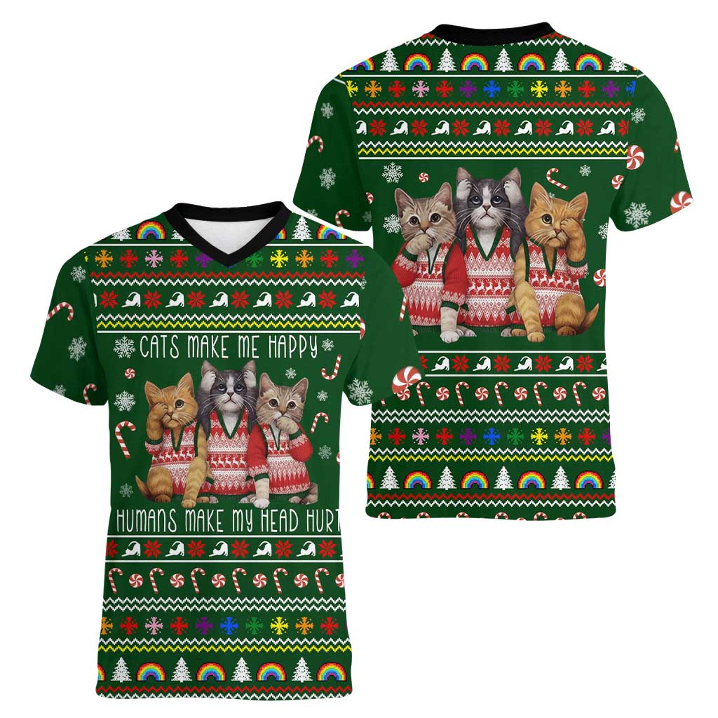 Funny Cats Make Me Happy Humans Make My Head Hurt Quote Women V-Neck T-Shirt with Green Christmas Pattern - Wonder Print Shop