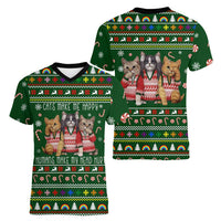Funny Cats Make Me Happy Humans Make My Head Hurt Quote Women V-Neck T-Shirt with Green Christmas Pattern - Wonder Print Shop