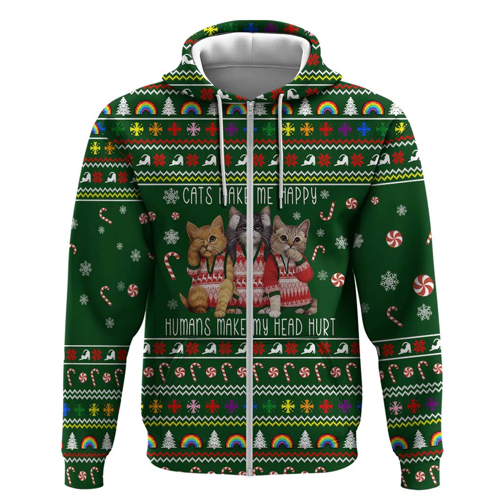 Funny Cats Make Me Happy Humans Make My Head Hurt Quote Zip Hoodie with Green Christmas Pattern - Wonder Print Shop