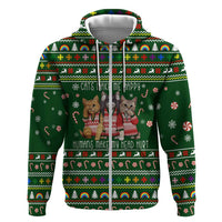 Funny Cats Make Me Happy Humans Make My Head Hurt Quote Zip Hoodie with Green Christmas Pattern - Wonder Print Shop