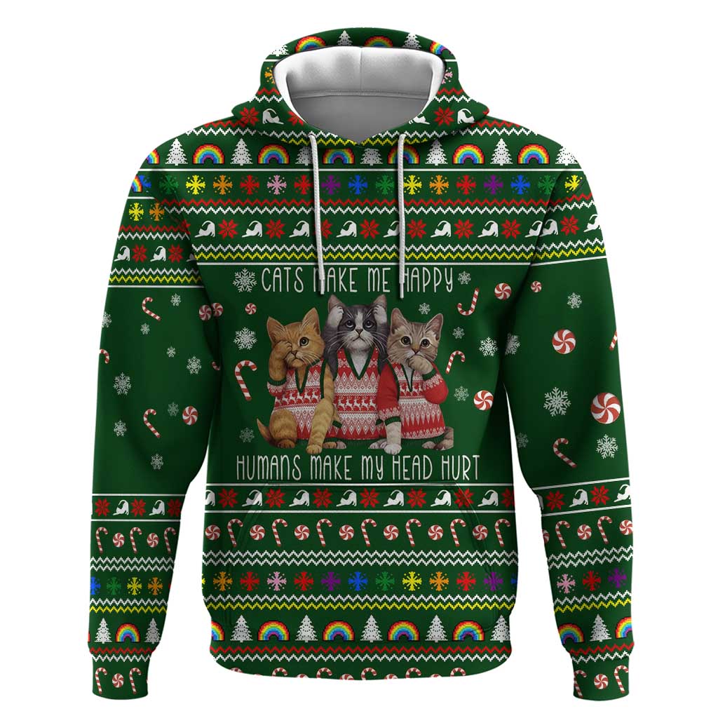 Funny Cats Make Me Happy Humans Make My Head Hurt Quote Zip Hoodie with Green Christmas Pattern - Wonder Print Shop