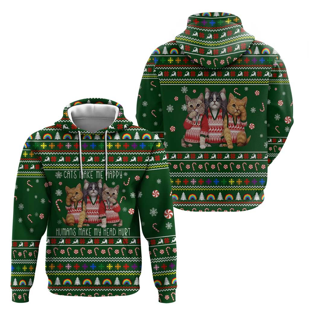 Funny Cats Make Me Happy Humans Make My Head Hurt Quote Zip Hoodie with Green Christmas Pattern - Wonder Print Shop