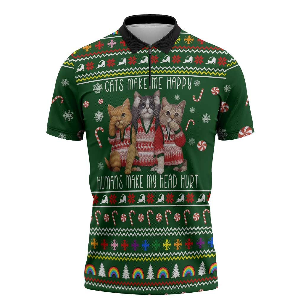 Funny Cats Make Me Happy Humans Make My Head Hurt Quote Zipper Polo Shirt with Green Christmas Pattern - Wonder Print Shop
