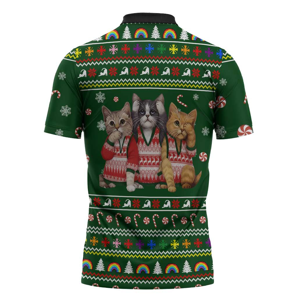 Funny Cats Make Me Happy Humans Make My Head Hurt Quote Zipper Polo Shirt with Green Christmas Pattern - Wonder Print Shop