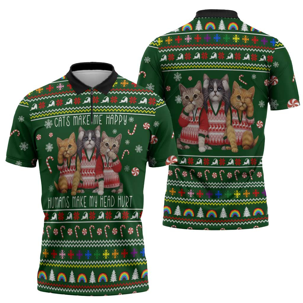 Funny Cats Make Me Happy Humans Make My Head Hurt Quote Zipper Polo Shirt with Green Christmas Pattern - Wonder Print Shop
