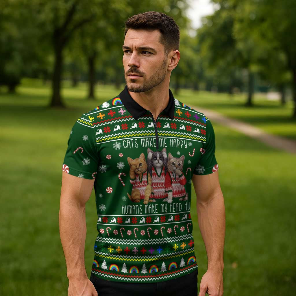 Funny Cats Make Me Happy Humans Make My Head Hurt Quote Zipper Polo Shirt with Green Christmas Pattern - Wonder Print Shop