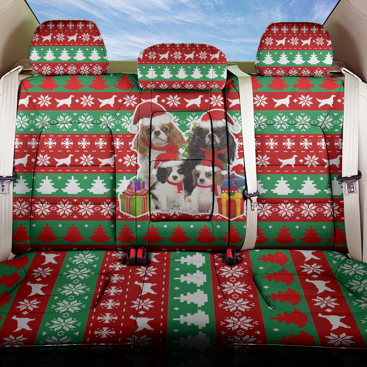 Christmas Dogs Back Car Seat Cover with Santa Hats and Red Green Holiday Pattern - Wonder Print Shop