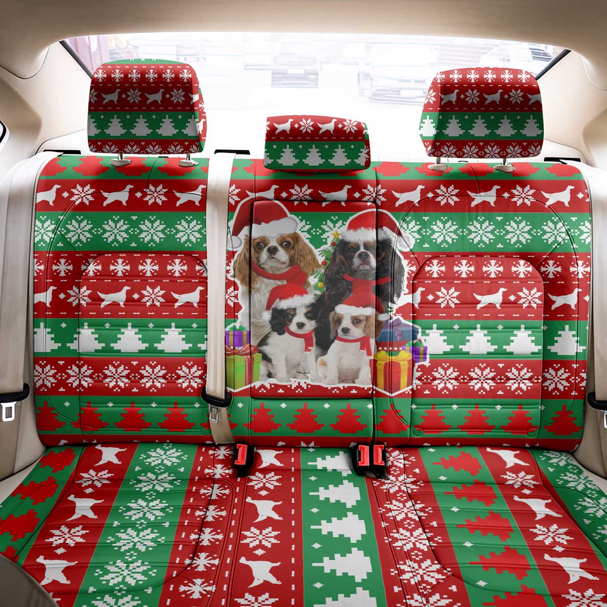 Christmas Dogs Back Car Seat Cover with Santa Hats and Red Green Holiday Pattern - Wonder Print Shop
