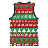 Christmas Dogs Basketball Jersey with Santa Hats and Red Green Holiday Pattern - Wonder Print Shop
