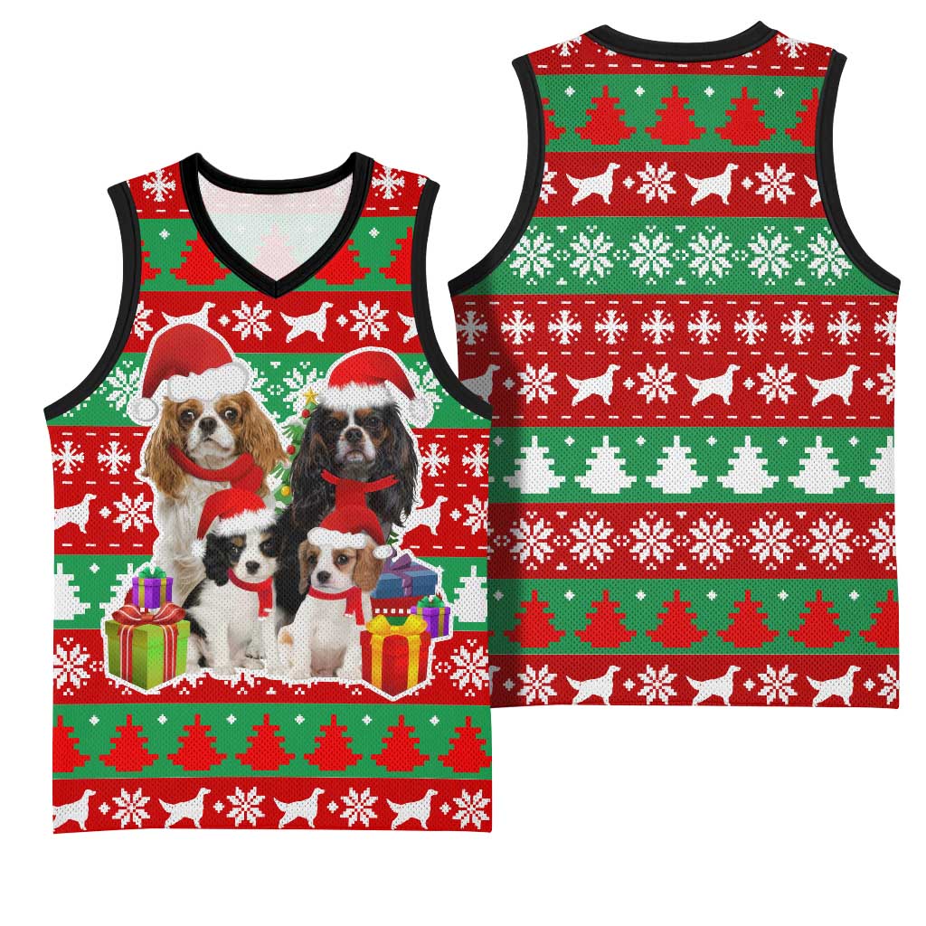 Christmas Dogs Basketball Jersey with Santa Hats and Red Green Holiday Pattern - Wonder Print Shop