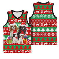 Christmas Dogs Basketball Jersey with Santa Hats and Red Green Holiday Pattern - Wonder Print Shop
