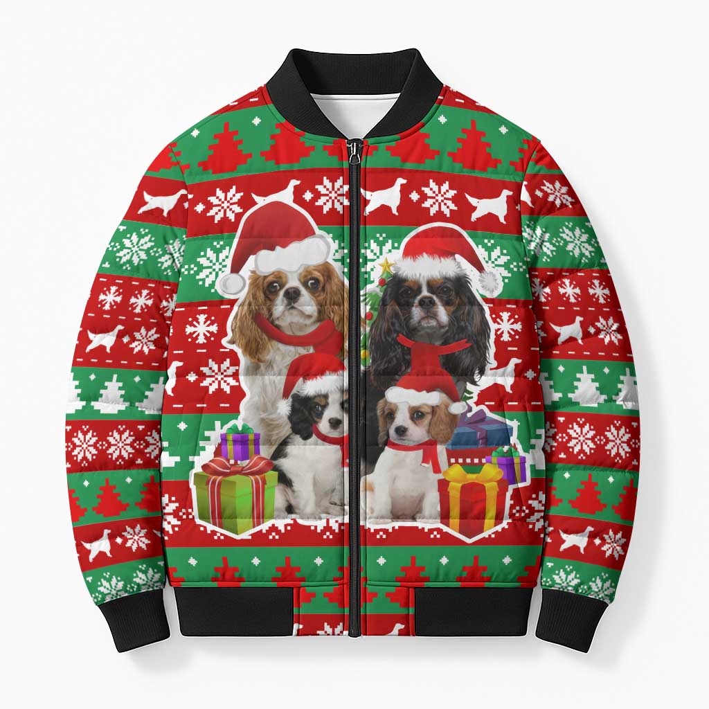 Christmas Dogs Bomber Puffer Jacket with Santa Hats and Red Green Holiday Pattern - Wonder Print Shop