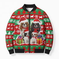 Christmas Dogs Bomber Puffer Jacket with Santa Hats and Red Green Holiday Pattern - Wonder Print Shop