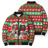 Christmas Dogs Bomber Puffer Jacket with Santa Hats and Red Green Holiday Pattern - Wonder Print Shop
