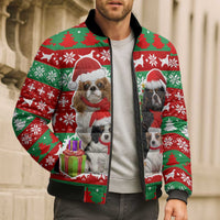 Christmas Dogs Bomber Puffer Jacket with Santa Hats and Red Green Holiday Pattern - Wonder Print Shop