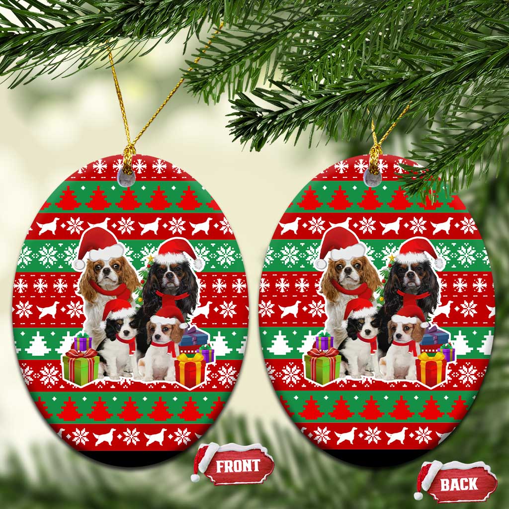 Christmas Dogs Ceramic Ornament with Santa Hats and Red Green Holiday Pattern - Wonder Print Shop