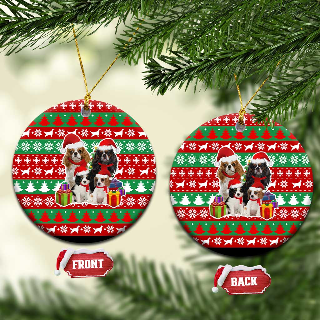 Christmas Dogs Ceramic Ornament with Santa Hats and Red Green Holiday Pattern - Wonder Print Shop