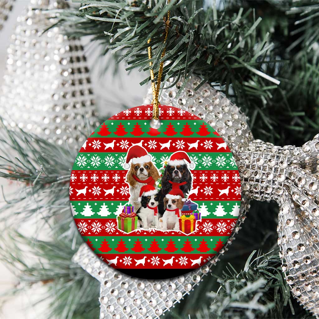 Christmas Dogs Ceramic Ornament with Santa Hats and Red Green Holiday Pattern - Wonder Print Shop