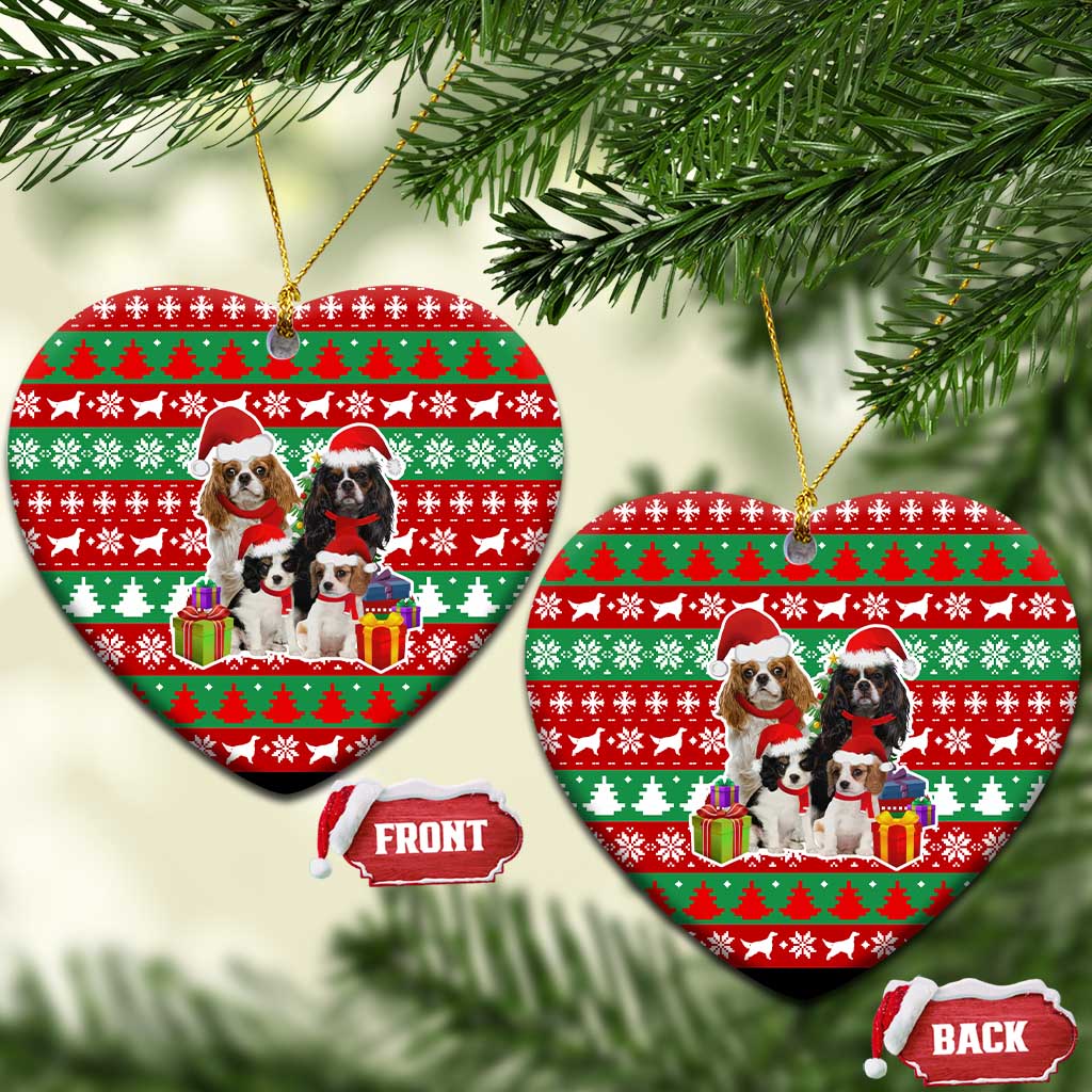 Christmas Dogs Ceramic Ornament with Santa Hats and Red Green Holiday Pattern - Wonder Print Shop