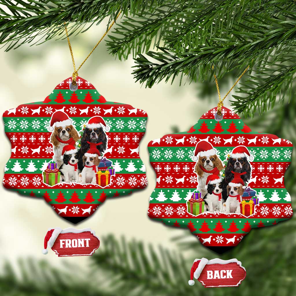 Christmas Dogs Ceramic Ornament with Santa Hats and Red Green Holiday Pattern - Wonder Print Shop