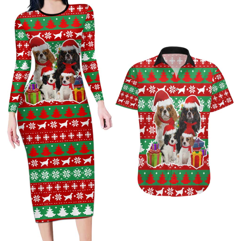 Christmas Dogs Couples Matching Long Sleeve Bodycon Dress and Hawaiian Shirt with Santa Hats and Red Green Holiday Pattern - Wonder Print Shop
