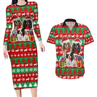 Christmas Dogs Couples Matching Long Sleeve Bodycon Dress and Hawaiian Shirt with Santa Hats and Red Green Holiday Pattern - Wonder Print Shop