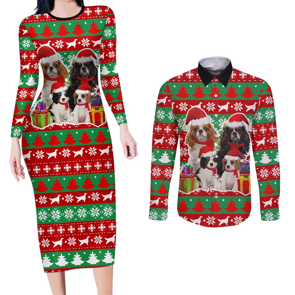 Christmas Dogs Couples Matching Long Sleeve Bodycon Dress and Long Sleeve Button Shirt with Santa Hats and Red Green Holiday Pattern - Wonder Print Shop