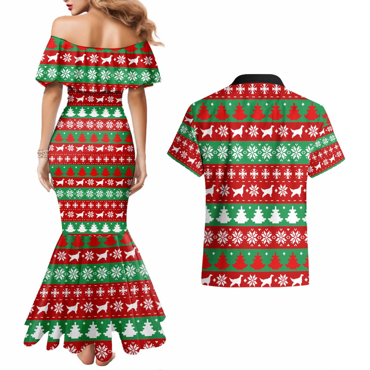 Christmas Dogs Couples Matching Mermaid Dress and Hawaiian Shirt with Santa Hats and Red Green Holiday Pattern - Wonder Print Shop