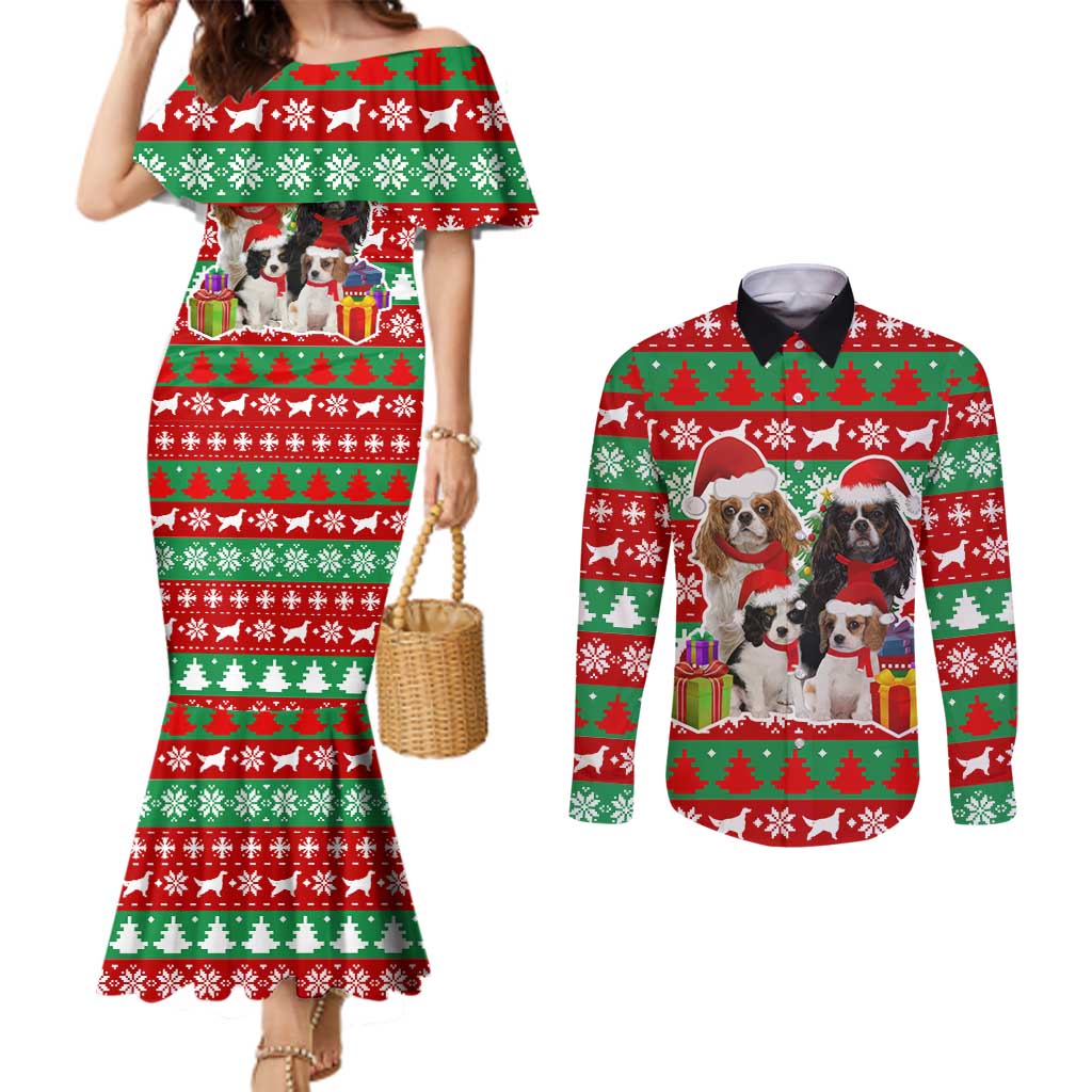 Christmas Dogs Couples Matching Mermaid Dress and Long Sleeve Button Shirt with Santa Hats and Red Green Holiday Pattern - Wonder Print Shop