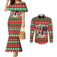 Christmas Dogs Couples Matching Mermaid Dress and Long Sleeve Button Shirt with Santa Hats and Red Green Holiday Pattern - Wonder Print Shop
