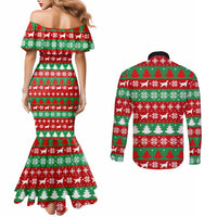 Christmas Dogs Couples Matching Mermaid Dress and Long Sleeve Button Shirt with Santa Hats and Red Green Holiday Pattern - Wonder Print Shop