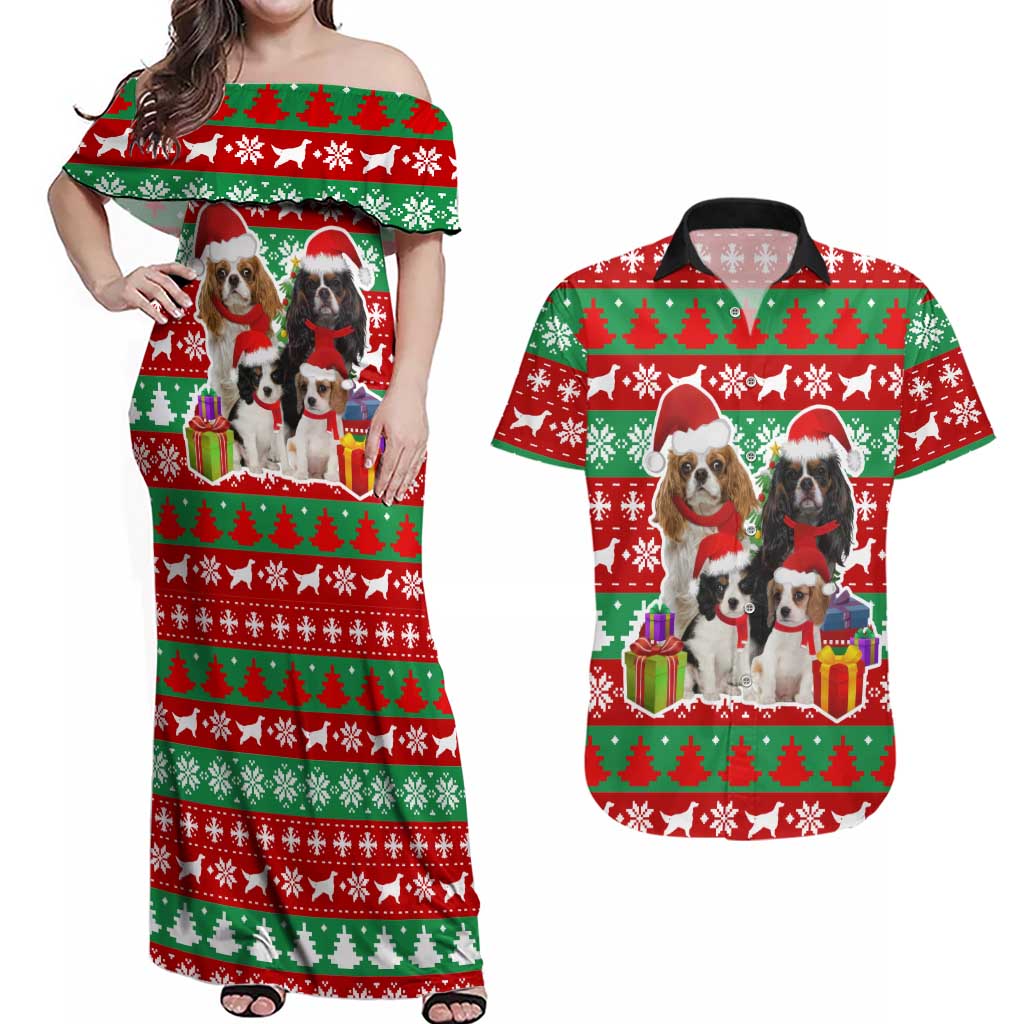 Christmas Dogs Couples Matching Off Shoulder Maxi Dress and Hawaiian Shirt with Santa Hats and Red Green Holiday Pattern - Wonder Print Shop