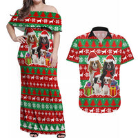 Christmas Dogs Couples Matching Off Shoulder Maxi Dress and Hawaiian Shirt with Santa Hats and Red Green Holiday Pattern - Wonder Print Shop