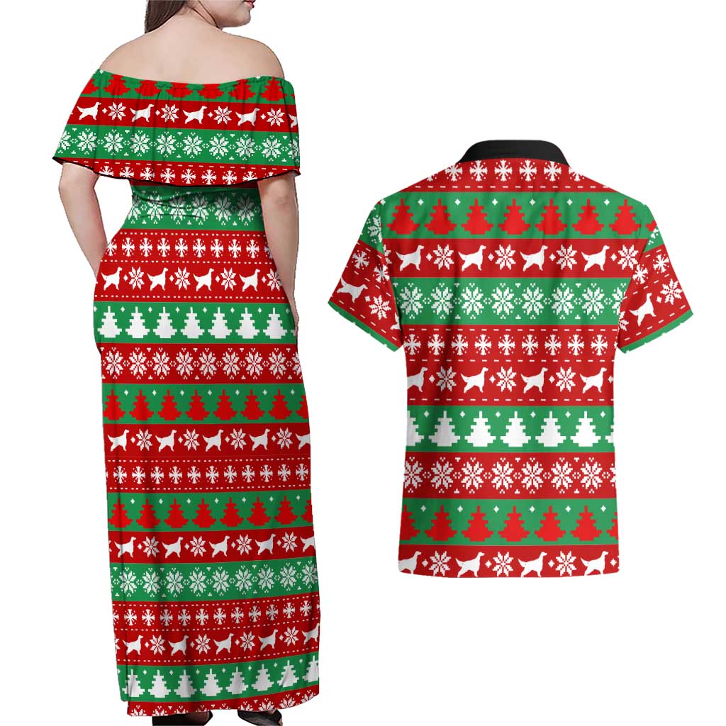 Christmas Dogs Couples Matching Off Shoulder Maxi Dress and Hawaiian Shirt with Santa Hats and Red Green Holiday Pattern - Wonder Print Shop