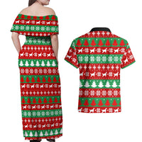 Christmas Dogs Couples Matching Off Shoulder Maxi Dress and Hawaiian Shirt with Santa Hats and Red Green Holiday Pattern - Wonder Print Shop