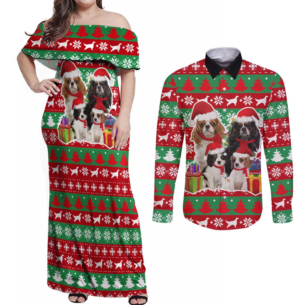 Christmas Dogs Couples Matching Off Shoulder Maxi Dress and Long Sleeve Button Shirt with Santa Hats and Red Green Holiday Pattern - Wonder Print Shop
