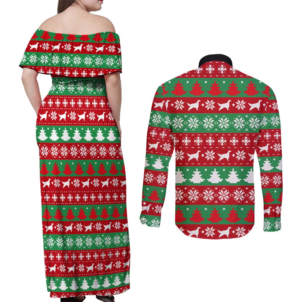 Christmas Dogs Couples Matching Off Shoulder Maxi Dress and Long Sleeve Button Shirt with Santa Hats and Red Green Holiday Pattern - Wonder Print Shop