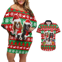 Christmas Dogs Couples Matching Off Shoulder Short Dress and Hawaiian Shirt with Santa Hats and Red Green Holiday Pattern - Wonder Print Shop