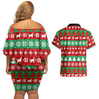 Christmas Dogs Couples Matching Off Shoulder Short Dress and Hawaiian Shirt with Santa Hats and Red Green Holiday Pattern - Wonder Print Shop